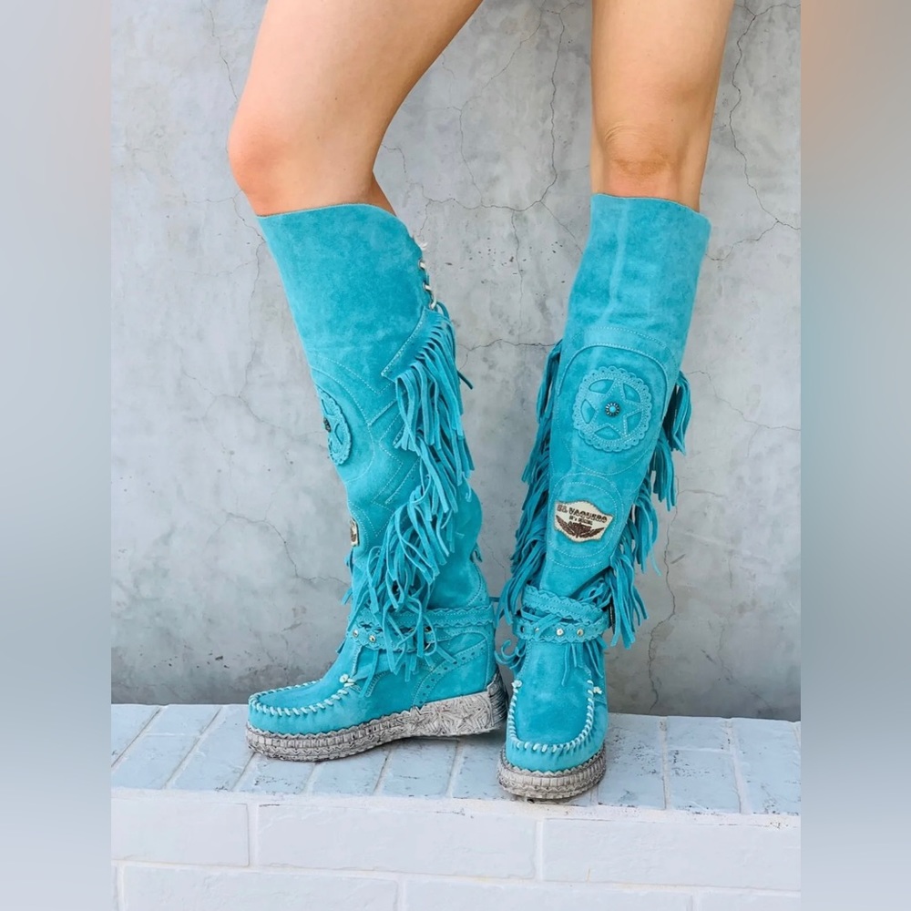 Turquoise Fringe Knee-High Boots